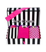 Packaged in a sweet striped box, Juicy Coutures set of 3 undies are as comfy as they are chic - Mixed set of 3 cotton stretch boyshorts with iris lace trim, gold-toned logo engraved heart charm, comes in a gift box - The perfect stocking stuffer for your favorite girl