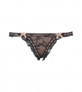 Get the sultry glamorous look of a vintage 1950s pin up girl in Von Follies by Dita Von Teeses black and nude stretch mesh thong - Sheer black stretch lace over nude front, tonal stitched satin trim, ruffled stretch lace trim, sheer mesh back - Thong back - Wear with the matching balconette bra for a seriously seductive look