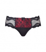 Get the sultry glamorous look of a vintage pin up girl in Von Follies by Dita Von Teeses black and luxury red 40s-inspired eyelash lace briefs - Black stretch lace paneled front with slinky lightweight satin luxury red underlay, sheer black scalloped lace trim, fishnet sides and back with grosgrain trim - High-waisted, extra full coverage - Wear with the matching balconette bra for a seriously seductive look