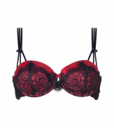 Get the sultry glamorous look of a vintage pin up girl in Von Follies by Dita Von Teeses black and luxury red 40s-inspired eyelash lace balconette bra - Underwire style with wired sides, lightly padded structured cups, slinky lightweight satin under black eyelash lace, fishnet sides, triple thin satin straps, iconic soft elastic triangle cross back detail, adjustable back hook-and-eye closures - Wear with the matching garter belt for a seriously seductive look