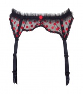 Get the sultry glamorous look of a vintage 1950s pin up girl in Von Follies by Dita Von Teeses black mesh suspender belt, detailed with ruffled trim and fun red embroidered dots - perfect for giving as a saucy holiday gift! - Embroidered red dots on front, sheer black ruffled mesh trim, dotted mesh back, scalloped lace trim, adjustable back hook-and-eye closures, satin garter straps with clips - Wear with the matching balconette bra and silk stockings for a seriously seductive look