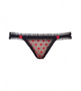 Get the sultry glamorous look of a vintage 1950s pin up girl in Von Follies by Dita Von Teeses black mesh thong, detailed with ruffled trim and fun red embroidered dots - perfect for giving as a saucy holiday gift! - Embroidered red dots on front and back, sheer black and nude mesh front panel, sheer black ruffled mesh trim, sheer black mesh thong - Thong back - Wear with the matching balconette bra for a seriously seductive look