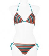 Make an eye-catching statement at the beach in Missonis bright aquamarine and sunset striped bikini, finished with modern ring hardware for a contemporary-chic twist - Self-tie turquoise string halter strap, hooked back - Self-tie side strings on bottom - Comes with a matching drawstring pouch - Wear with studded sandals and oversized statement totes