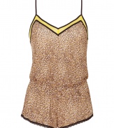 Lounge around in wild style in Juicy Coutures animal print romper, detailed with a comfy elasticized waistline and bright yellow trim for that modern flirty feel - V-neckline, adjustable spaghetti straps, elasticized waistline, black lace-trimmed legs - Easy fit - Wear with silk robes and cozy shearling slippers