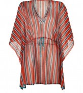 Make a glamorous poolside debut it Missonis radiant striped kaftan - V-neckline in front and back, draped 3/4 length sleeves, drawstring waistline, aquamarine stitched trim - Softly fitted with an adjustable drawstring waistline - Pair with a bikini, studded sandals and an oversized statement tote