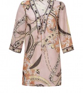 Blossom into warm weather chic in Emilio Puccis whimsical floral print cotton-silk tunic - Laced V-neckline, 3/4 sleeves, contrast print trim - Loosely fitted - Wear over swimwear with bright sandals and a straw tote, or layer over tissue tanks with slim trousers and heels