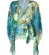 Make a dramatic seaside debut in Matthew Williamson Escapes bright palm printed silk kimono top - V-neckline, draped 3/4 length sleeves, self-tie sash around the waist - Loosely fitted - Team with statement jewelry and bright white separates