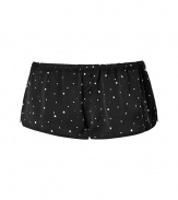 Sleep in style with these sweet and chic star-printed tap shorts from Juicy Couture - Elasticized waistband, button front details, side slits with lace trim, back patch pocket with button, allover small star print - Wear with a matching camisole, fuzzy slippers, and a cozy robe