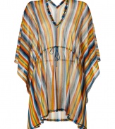 Make a glamorous poolside debut it Missonis radiant rainbow striped kaftan - V-neckline in front and back, draped 3/4 length sleeves, drawstring waistline, petrol stitched trim - Softly fitted with an adjustable drawstring waistline - Pair with a bikini, studded sandals and an oversized statement tote