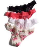 Make everything beautiful, even your basics. Floral lace thong by Material Girl.