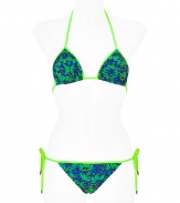 Stylish bikini in fine, aqua synthetic fiber blend - Especially comfortable and flattering, thanks to a generous amount of stretch - Vibrant, lime-piped butterfly motif - Triangular halter top with adjustable cups ties at back and nape of neck - String brief ties at hips, offers modest coverage at rear - Sexy and fun, a must for you next vacation or beach getaway - Wear solo or layer beneath a caftan and pair with wedge sandals