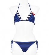 Look poolside pretty in this chic bikini from Juicy Couture - Classic triangle top with multi-stripe detail and charms, dual back tie detail with logo charms, classic bottoms with side tie and charm detail - Pair with a sheer caftan, wedge sandals, a floppy sunhat