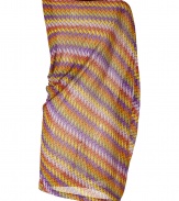 Color-saturated hues and a quintessentially Missoni chevron knit make this yellow minidress an eye-catching evening must - Lightweight, semi-sheer multicolor viscose - Slim cut silhouette with elegant, asymmetric drape detail - Wide, round neckline and oversize, batwing sleeve and armhole - Perfect for parties, vacations and evenings out - Pair with a clutch and platform pumps or sandals