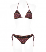 Stylish bikini made ​.​.of fine, multicolored patterned synthetic stretch - Glamorous print in shades of purple, brown and black - Classic triangle halter style is adjustable at back and neck - Narrow bottoms features adjustable side ties - A must-have on your next tropical vacation, or simply on your own pool deck