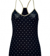 Sweet, feminine camisole top in blue stretch cotton - Delicate white polka dot pattern - Slim cut with slight v-neck and racerback straps - Suitable for night but also for the day  as a layering piece - Try at night with matching sleep shorts