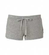 Stylish shorts in fine heather grey stretch modal - Short mini length is sexy but comfortable - Drawstring waist with heart charms on the ties and decorative lace trim - A great lounge basic with a tee, tank or cut-off sweatshirt