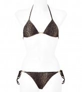 Stylish bikini made ​.​.of fine, black-patterned synthetic stretch fiber - Sexy and glamorous with sophisticated animal print - Fashionable triangle top ties at neck and back - Small gold-color chain elements at hips and heart center - Small, hip-tie bottoms are low-rise with full coverage - Sexy suit for vacation - Pair with caftan and platform sandals