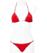 Luxe bikini in fine, synthetic fiber blend - Especially comfortable and flattering, thanks to a generous amount of stretch - Vibrant in bright red with multicolor braided ribbon trim - Triangular halter top with adjustable cups ties at back and nape of neck - String brief offers modest coverage at rear - Sexy and fun, a must for you next vacation or beach getaway - Wear solo or layer beneath a caftan and pair with wedge sandals