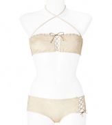 Channel an Amazonian goddess in this ultra-luxe bikini from La Perla - Bandeau-style top with crisscross strap, stitching, lace up front, and back tie detail - Classic brief-style bottoms with lace-up side detailing - Pair with a sheer caftan and wedge heels