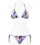 Channel classic retro-chic style in this sexy bikini featuring the classic Pucci print - Triangle style top with tie neck and tie back closure with bead details - Bottoms with side tie detail and bead detail, all over geometric print - Style with a sheer caftan, a floppy sun hat, and oversized shades