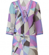 Inject Palm Springs-inspired retro chic with this geometric print caftan from Emilio Pucci - V-neck with lace up detail, three-quarter bell sleeves, side vents, relaxed silhouette, semi-sheer - Style with a halter style swimsuit and embellished sandals for poolside luxe