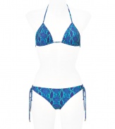 This teeny bikini is perfect for a sexy summer wardrobe - Made of blue stretch synthetic fiber in a python-inspired print - Classic triangle top ties at back and neck - Narrow bottoms feature side ties - A glamorous look for the beach or pool on your next vacation when paired with sheer caftan dress and leather thongs