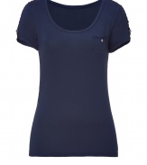 Basic tee of fine blue modal stretch has elegant upgrades - Slim cut with round neck, small chest pocket, short sleeves, lace trim and small, decorative buttons - A feminine, comfortable basic that looks great with lounge pants or jeans