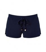 Stylish shorts in fine dark blue stretch modal - Short mini length is sexy but comfortable - Drawstring waist with heart charms on the ties - A great lounge basic with a tee, tank or cut-off sweatshirt