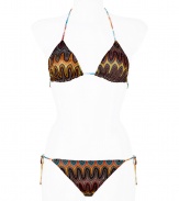 Inject urban attitude into your poolside look with Missonis dark-multi leaf patterned string bikini, detailed with a brightly printed reverse for that iconic Missoni look - Multicolored halter and back self-tie string straps, multicolored photo-print reverse - Self-tie side strings on bottom - Comes with a matching drawstring pouch - Wear with colorful sandals and oversized beach totes