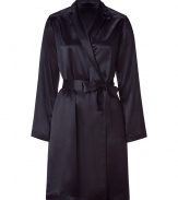 Inject instant luxe into your lounge look with this essential black silk robe from La Perla - Notched lapels, V-neck, wrap front with waist tie belt, long sleeves - Pair perfectly with a cami, panties, and fluffy slippers for boudoir chic