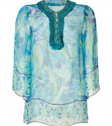 Bring resort-ready style to your look with this beachy sheer tunic from Matthew Williamson Escape -Round embellished neckline, three-quarter flutter sleeves, relaxed silhouette, all-over print, sheer- Wear over a bikini with sandals or style with jeans and platform pumps