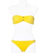 Look supremely sexy in this luxe bandeau bikini from Juicy Couture - Classic bandeau top with gold-tone hardware, classic slip-on bikini bottoms with back ruching and gold-tone logo hardware - Pair with a sheer caftan, wedge sandals, a floppy sunhat