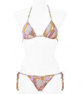 Channel classic retro-chic style in this sexy bikini featuring the classic Pucci print - Triangle style top with tie neck and tie back closure with bead details - Bottoms with side tie detail and bead detail, all over geometric print - Style with a sheer caftan, a floppy sun hat, and oversized shades