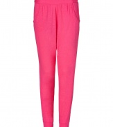 Bring breezy, casual style to your warm weather look with these effortlessly cool vibrant pants from Juicy Couture - Elasticized waist with slight gathering, curved pocket, back bow, draped silhouette, tapered cuffs - Wear with a printed tee and ballet flats