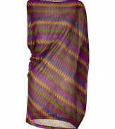 Color-saturated hues and a quintessentially Missoni chevron knit make this purple minidress an eye-catching evening must - Lightweight and semi-sheer multicolor viscose - Slim cut silhouette with elegant, asymmetric drape detail - Wide, round neckline and oversize, batwing sleeve and armhole - Perfect for parties, vacations and evenings out - Pair with a clutch and platform pumps or sandals