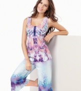 One World's signature colorful prints really pop on this scoop neck top and cropped pajama pants set.