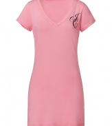 Stylish short sleeve sleep shirt in super-soft pink cotton modal stretch - Flattering v-neck reveals a hint of d?colletage - Slim cut, hits mid thigh - JC graphic detail at chest - Gold heart embellishment at hem - A nighttime go-to that is as comfortable as it is cool