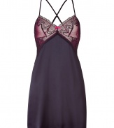 Lounge in luxe style in this seductive cami slip from Elle MacPherson Intimates - V-neck, semi-sheer lace bodice, crisscross straps, low back, solid full skirt - Pair with a bra and matching panties for boudoir chic