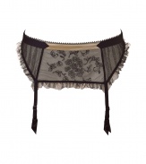 Luxurious garder belt made ​.​.of fine, black synthetic fiber stretch - Elegant floral lace design - Decorative seam with subtle ruffles - With adjustable straps - Fits under all dark, looser-fitting clothing - Wear with matching bra and panties for an elegant, seductive look