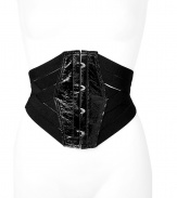 Stylish corset belt in fine black leather - A sexy, sophisticated accessory from cult intimate luxury label Kiki de Montparnasse - Crisscrossing elastic straps cinch the waist - Shiny, crackled leather middle features silver hook and button closure - Adds an instant dose of glamour to any outfit - Pair with a crisp white button down and leather leggings or a colorful, skin tight maxi dress