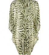 Super stylish herringbone acid lime caftan from Diane von Furstenburg - Amp up your resort-ready style with this vibrant and luxe silk caftan - High neckline, flutter sleeves, tie-front closure, asymmetrical hem, all-over print - Pair with a DVF bikini, platform sandals, and an ethnic-inspired necklace