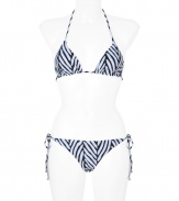 Chic bikini in fine, light blue nylon stretch - Classic triangle style in elegant, oversize herringbone print - Tie fastenings at halter neck, back and hips - Modest coverage at rear, briefs sit comfortably at hips - Sophisticated and sexy, fits true to size - A must for your next beach getaway