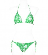 Chic bikini in fine, light green nylon stretch - Classic triangle style in elegant, graphic grape vine print - Tie fastenings at halter neck, back and hips - Modest coverage at rear, briefs sit comfortably at hips - Sophisticated and sexy, fits true to size - A must for your next beach getaway