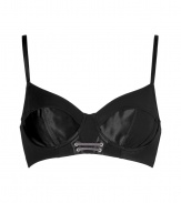 Luxe underwire bra in fine black synthetic blend - Elegant, demi-corset style with lace-up detail and slim straps - 3/4 cups offer ample coverage and create a sexy d?colletage - Flexible underwire and stretch fabric make this bra as cozy as it is cool - Wear beneath just about anything, but layer with sheer blouses for a decidedly sensual and sophisticated look