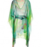 Luxe caftan in ultra-fine pure, green silk - Diaphanous, airy chiffon drapes beautifully - Vibrant, exotic multicolor print - Deep V-neck and dramatic, oversize batwing sleeves - Tie belt cinches waist - Mini style hits well above the knee - Sensuous and glamorous, a must for your next getaway - Pair with white jeans and sandals or your favorite bikini