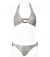 Stylish bikini made ​.​.of fine, gray synthetic stretch fiber - Sexy, glamorous and sophisticated with classy crocodile print - Fashionable triangle-shape top features wide straps that tie at neck and back - Elegant bra and classic brief with decorative jewelry clasps - Essential piece for holiday wardrobe - Wear alone or under a caftan, with platform sandals