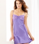 Lovely lace sweetens this dare-to-be-bold chemise in a lovely jewel tone. By Morgan Taylor.