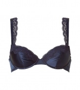 Elegant, dark blue silk bra with lace - demi bra also works well for small sizes - slightly padded, makes for a nice push-up effect - lace extends along the straps - great for wide boat necklines and sheer blouses - back hook closure - just a little bit of spandex ensures a perfect fit - adjustable straps - sexy, stylish, seductive - makes a great set with the matching panty or thong