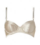 Elegant cream-colored bra made ​.​.of fine silk stretch - Demi bra works well even for small sizes - Lightly padded, gives a nice push-up - Brilliant for wide boatnecklines and sheer blouses - Back hook closure - A minimum spandex content provides an ideal fit - Adjustable straps - Sexy, stylish, seductive - Makes a nice set