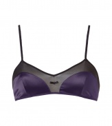 Stylish bralette in fine, violet silk and black silk chiffon - Wonderfully comfortable and pleasant on the skin, thanks to the stretch content - Elegant, unlined bralette style - With narrow, length-adjustable outer straps and hook closure - Perfect, snug fit - Shows off a dream d?collet? - Stylish, sexy, seductive - Fits under (almost) all outfits